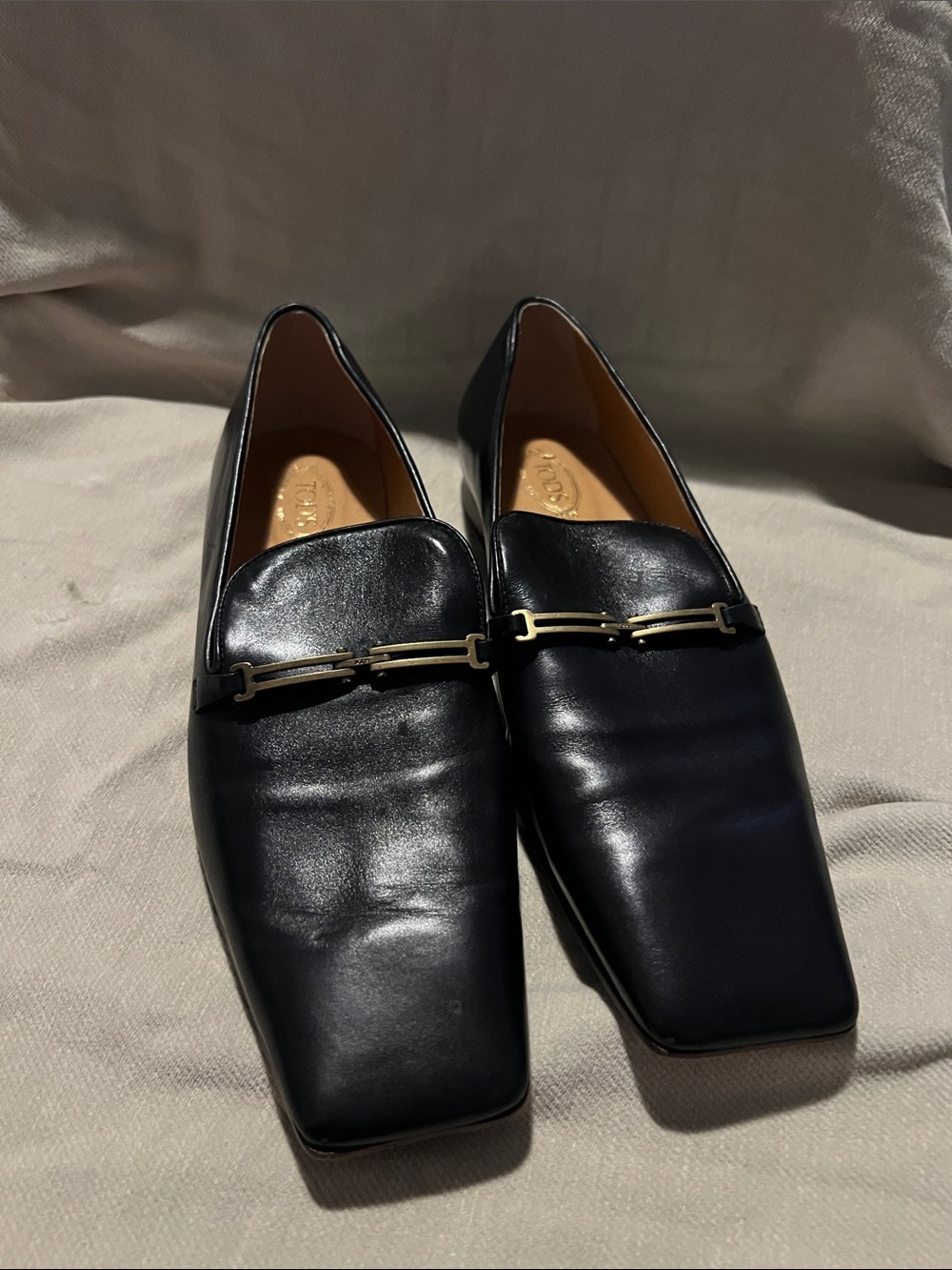 Tod's Black Leather Square-Toe Loafers with Gold Bit